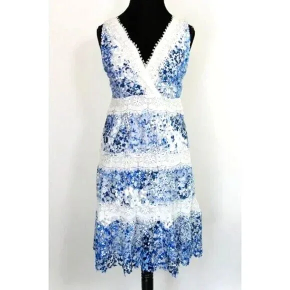 T Tahari Raya Indigo Stripe Crochet Lace Overlay Dress L Nautical Coastal Summer - Picture 1 of 7